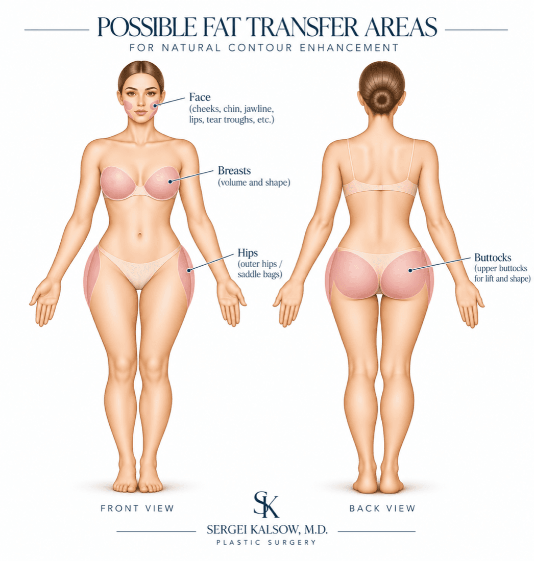 Diagram of possible fat transfer areas: face, breasts, hips and buttocks